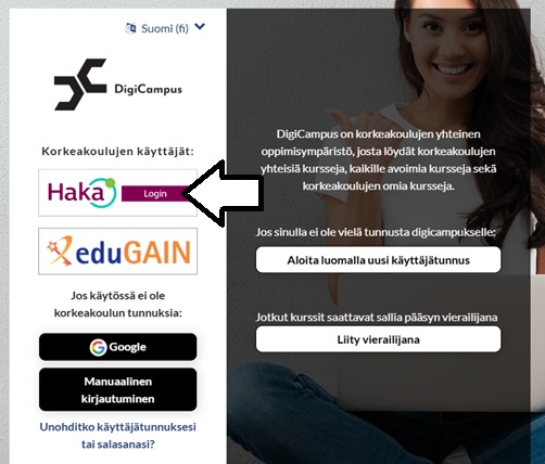 DigiCampuksen kirjautumisnäkymä, jossa Jamkin opiskelija valitsee Haka Login -vaihtoehdon.