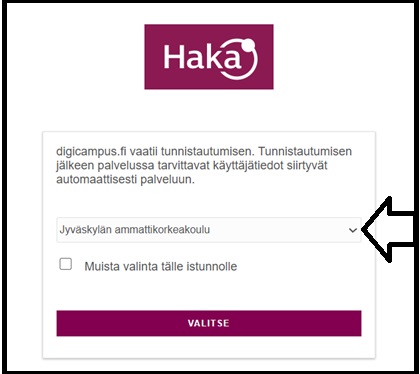 Jamkin opiskelija valitsee pudotusvalikosta vaihtoehdon Jyväskylän ammattikorkeakoulu/Jyväskylä University of Applied Sciences.