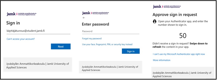 Kirjaudu Jamkin opiskelijasähköpostiosoitteellasi ja salasanallasi. Vahvista kirjautuminen Authenticator-sovelluksessa.