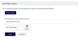 Ruutukappaus palvelusta. Painikkeetta "Tarkista tunnuksesi" voit suomi.fi asioinnin kautta noutaa käyttäjätunnuksesi. "Käyttäjätunnus" -kenttään syötetään Jamkin sähköpostiosoite