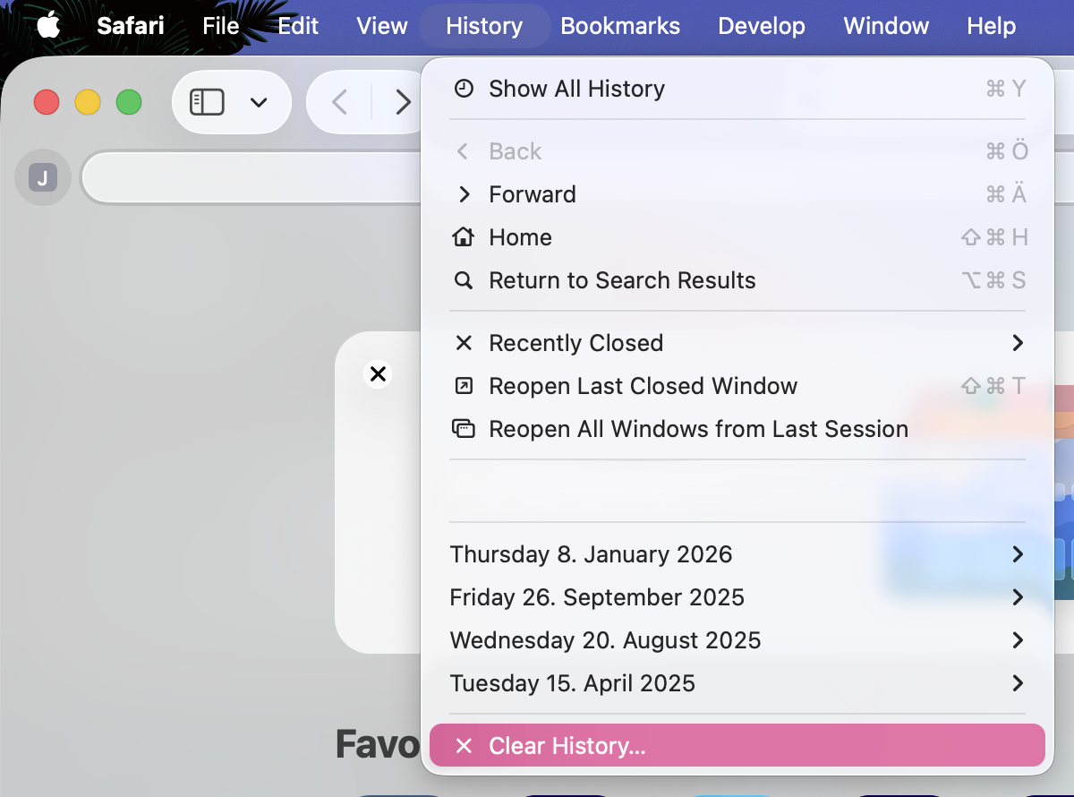 An image showing the Safari browser’s History menu opened, with the bottom option ‘Clear History’ highlighted.