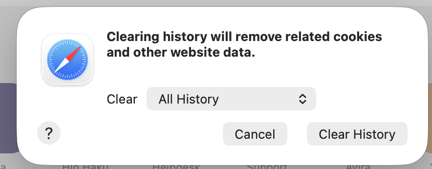 An image showing a Safari browser prompt related to clearing history, where you must select the time period for which the history will be cleared. Below are the ‘Cancel’ and ‘Clear History’ buttons, allowing you to either cancel the action or confirm the clearing for the selected time period.