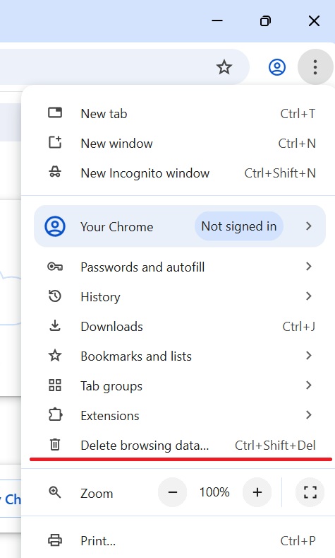 An image of the Chrome browser’s main menu, opened from the top-right corner of the browser. The ‘Clear browsing data’ option is highlighted in the main menu.