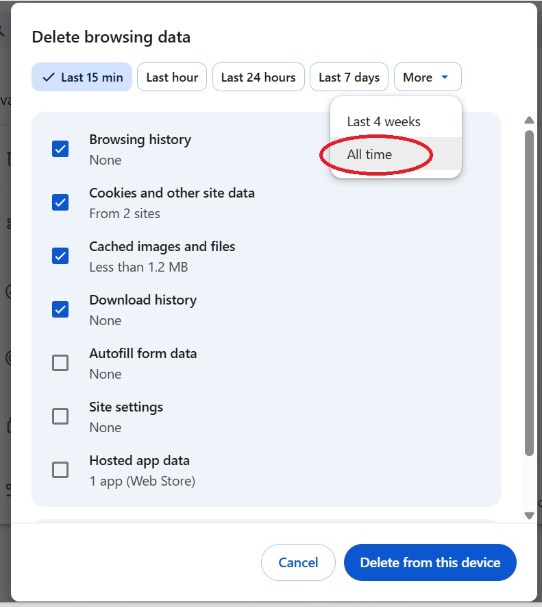 An image showing the advanced settings for clearing browsing data in Chrome. The time range must be selected through the ‘More’ menu, and it is recommended to clear browsing data for the ‘All time’ range. Below are additional options that define which types of data will be removed.