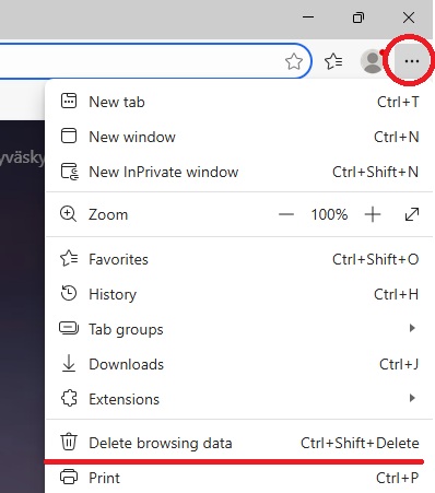 Edge main navigation opened from tip right corner and option "Delete browsing data" is highlighted