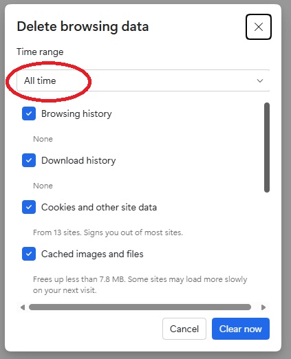 An image showing the detailed settings for clearing browsing data. At the top, you choose the time range for which the browsing data will be deleted. Below are the options for what you want to remove.”
