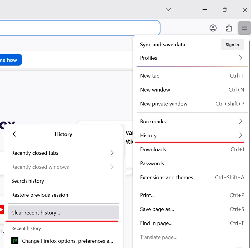 An image of the Firefox browser’s main menu opened from the top-right corner. The ‘History’ option is highlighted, and in its submenu the ‘Clear Recent History’ option is emphasized.