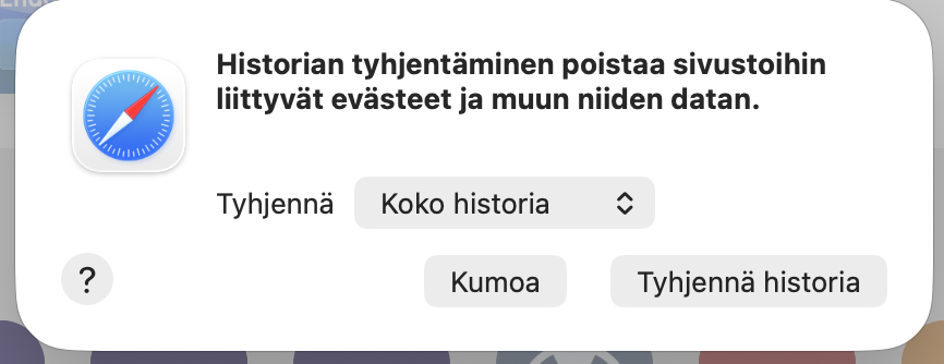 Kuvassa Safari selaimen historian tyhjentämiseen liittyvä ilmoitus, jossa tulee valita ajanjakso, miltä ajalta historia tyhjennetään. Alempana painike Kumoa ja Tyhjennä historia, joista voi peruuttaa toiminnan tai vahvistaa tyhjennyksen valitulta ajanjaksolta