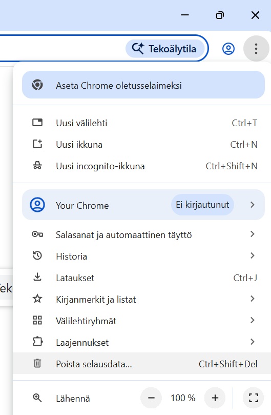 Kuvassa Chrome selaimen päävalikko. joka avattuna selaimen oikeasta yläkulmasta. Poista selausdata -valinta päävalikosta korostettuna