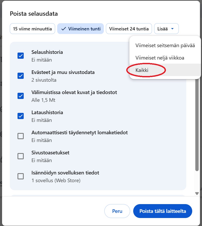 Kuvassa tarkemmat asetukset Chromen selausdatan poistamiseksi. Aikaväli tulee valita "Lisää" valikon kautta ja suositus on tyhjentää Kaikki -aikavälin selausdata. Alempana lisää valintoja, jossa määritetään mitä tietoja poistetaan