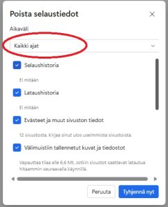Kuva, jossa selaustietojen poistamisen tarkemmat asetukset. Ylimpänä tulee valita aikaväli, jonka ajalta selaustiedot poistetaan. Alempana on valinnat, mitä halutaan poistaa.