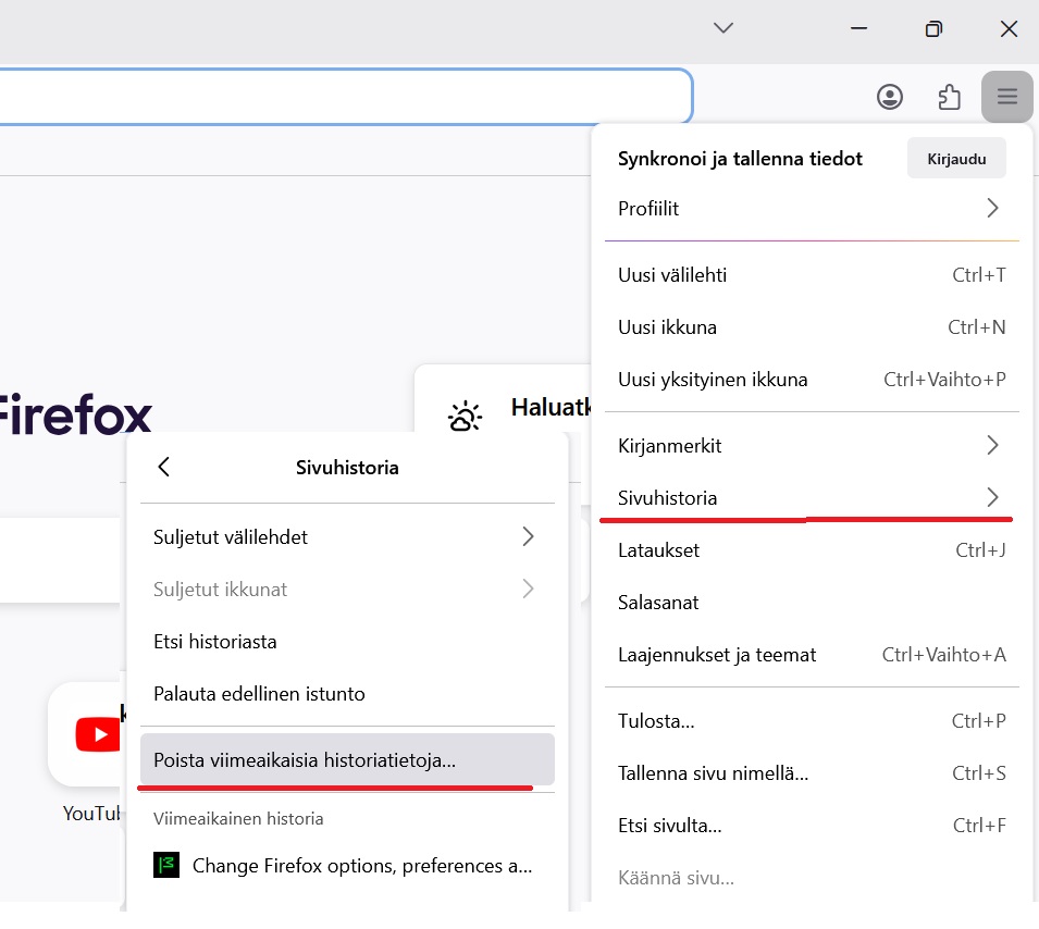 Kuvassa Firefox selaimen päävalikko avattuna oikeastra yläkulmasta. Korostettuna valikosta valinta Historia ja sen alavalikosta kohta Poista viimeaikaisia historiatietoja