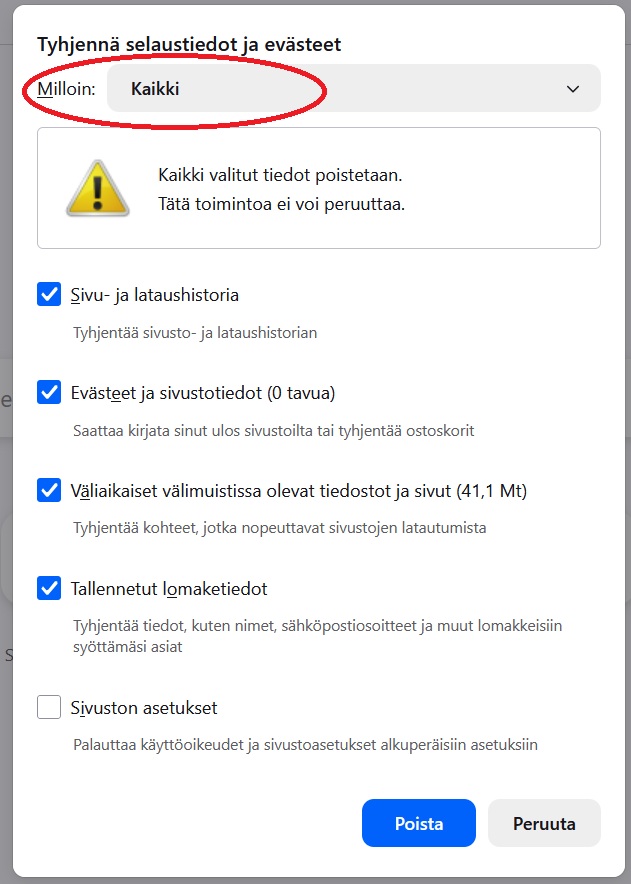 Kuvassa Firefox selaimen selausdatan poistamisen tarkemmat asetukset. Ylimpänä on alasvetovalikko, josta voi määrittää aikajakson, miltä väliltä selausdata tyhjennetään. Alempana valintoja, joissa määritetään mitä tietoja poistetaan