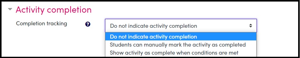 Screenshot of activity completion tracking settings