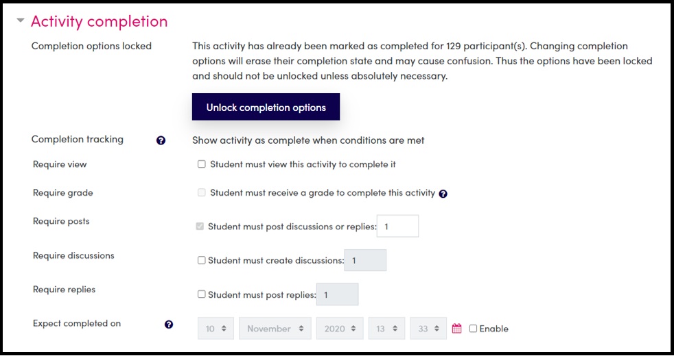 Screenshot of locked completion settings