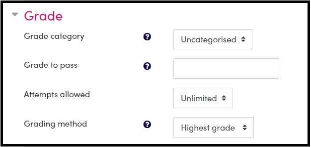 Screenshot of Quiz activity Grade settings