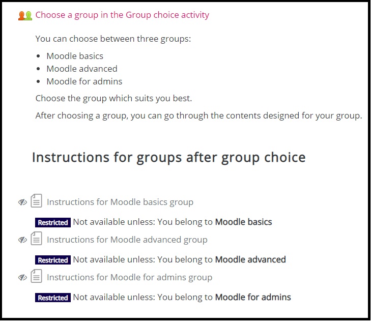 Screenshot of group choice activity on a course