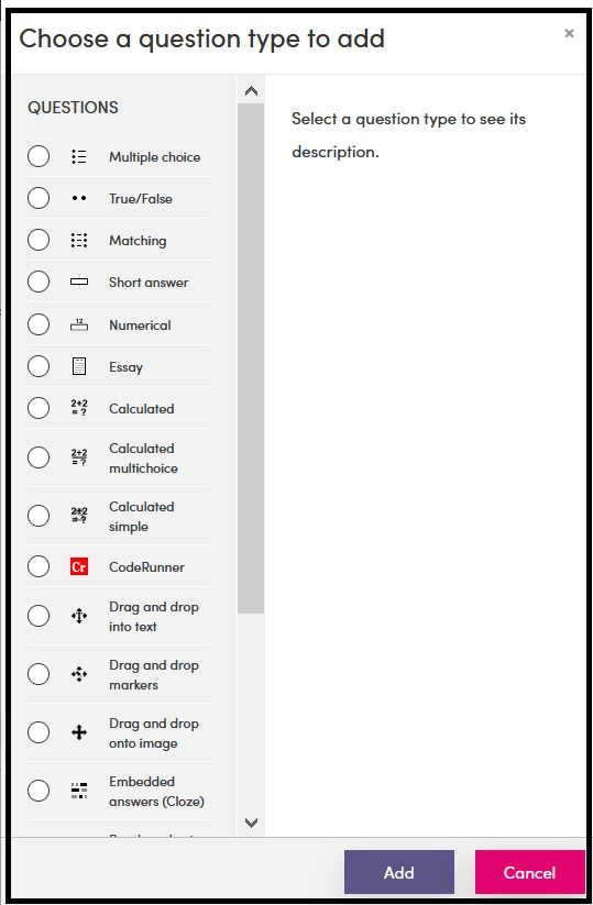 Screenshot of question bank question types