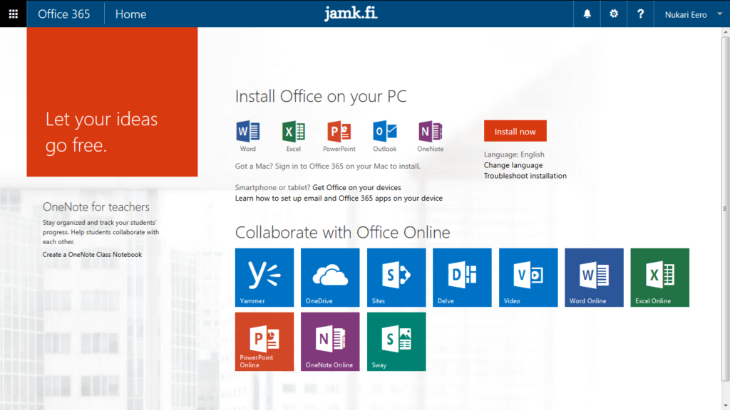 Office 365 etusivu. Pääset eri sovelluksiin vasemman yläkulman ruudukosta.
