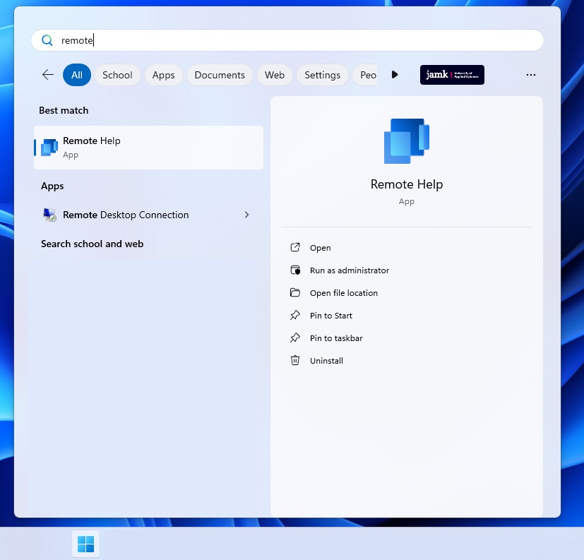 Etsi Remote Help -sovellus tietokoneen Käynnistä-valikosta tai sovellusluettelosta