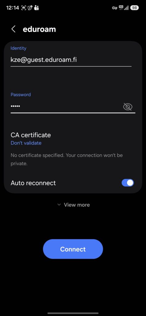 Android phone screen displaying the Eduroam network sign-in view. A username and password have been entered, CA certificate validation is disabled, automatic reconnection is enabled, and a Connect button is shown at the bottom of the screen.
