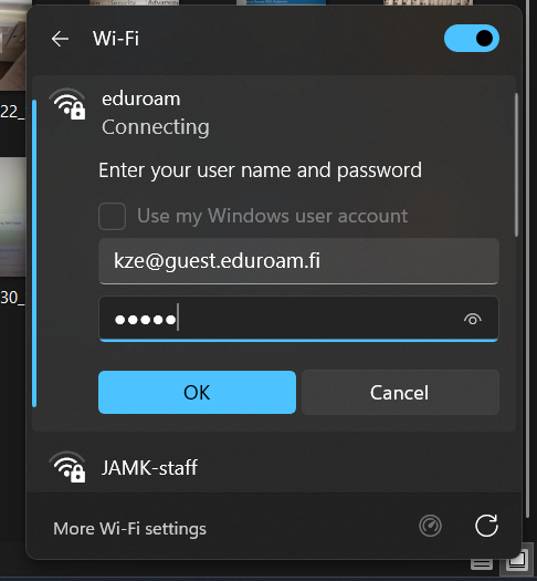 Windows Wi‑Fi connection window showing a user attempting to connect to the Eduroam network by entering a username and password.