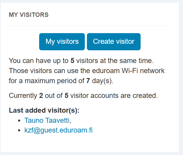 Eduroam visitor account management page showing options to view existing visitors and create a new visitor account. The page states that up to five visitor accounts can be active at the same time for a maximum of seven days. 
