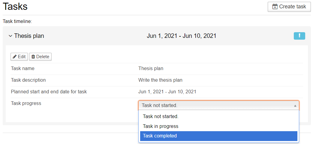 Task progress and status selection in Wihi