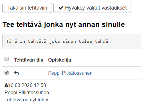 Kuva HOPS-ohjauksen tehtävät -välilehdelle tulleiden vastausten lukeminen ja hyväksyminen