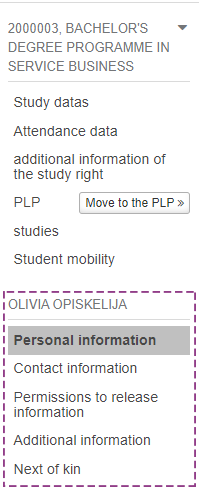 Picture of navigation for students personal information