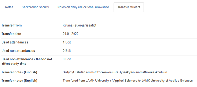 Picture of the transfer student -tab which contains information about the tranfer