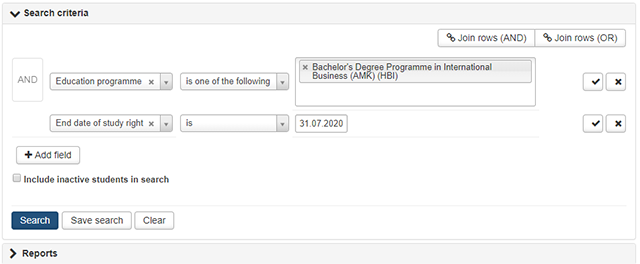 Picture of advanced search that searches students from the international business programme