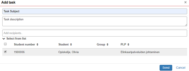 Picture of PLP guidance tasks tab when giving tasks to students