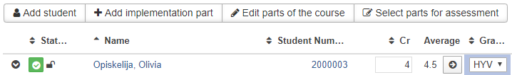 Picture of implementation assessment view's student assessment options