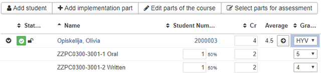 Picture of implementation assessment view's student assessment options when implementation has parts