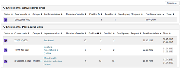 Picture of PLP's implementation, which shows the students enrollments for courses