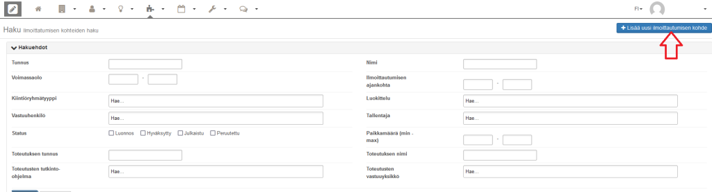 Lisää uusi ilmoittautumisen kohde ilman toteutuksia