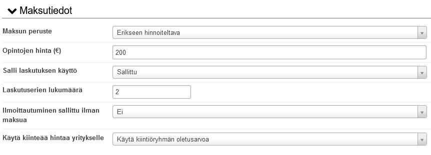 Maksutiedot ei-laajuusperustaisessa koulutuksessa