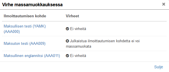 Virhe massamuokkauksessa