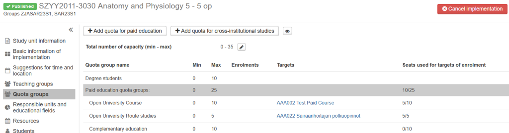 Quota groups for the target of enrolment in the implementation