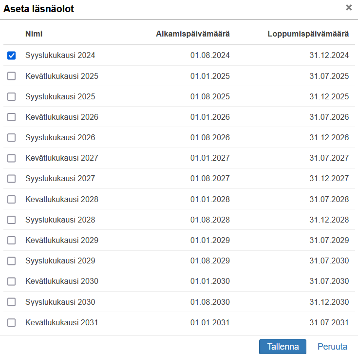 Klikataan ne rivit, joille läsnäolokauden halutaan asetettavan.