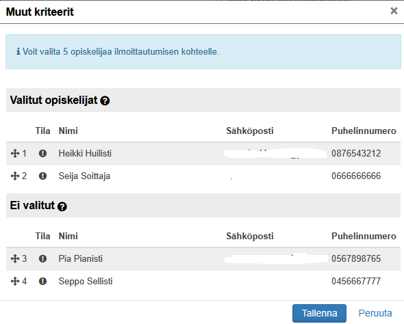 Henkilöiden valinta ilmoittautumisajan jälkeen
