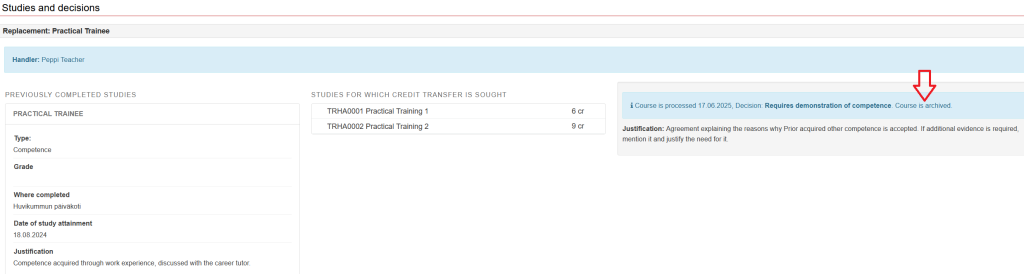 The application status is "course is archived".