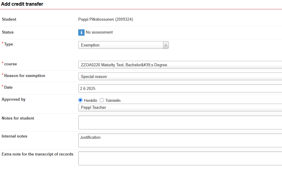Recording the exemption in the study attainments