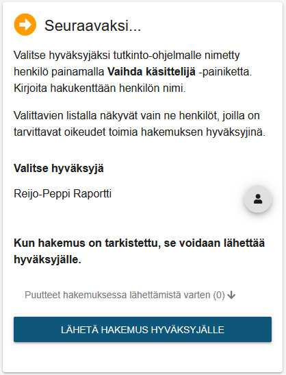 Kuva hakemuksen lähettämisestä hyväksyjälle