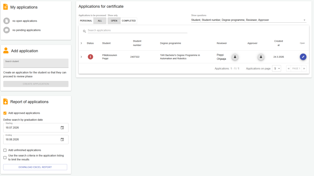 Reviewer's own application dashboard