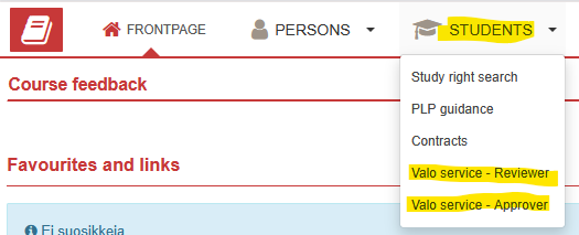 Peppi Teacher's desktop navigation showing Valo service reviewer and approver links