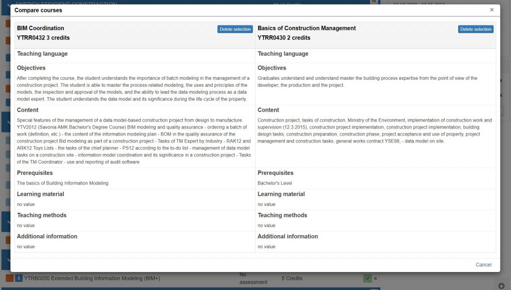 Screenshot of pop-up window showing comparison between two courses