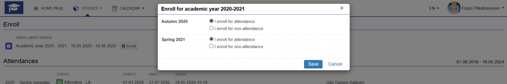 Screenshot of the pop-up window for enrolment