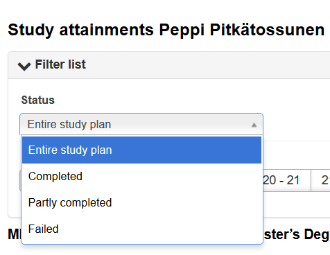 Screenshot of the study attainments filter list